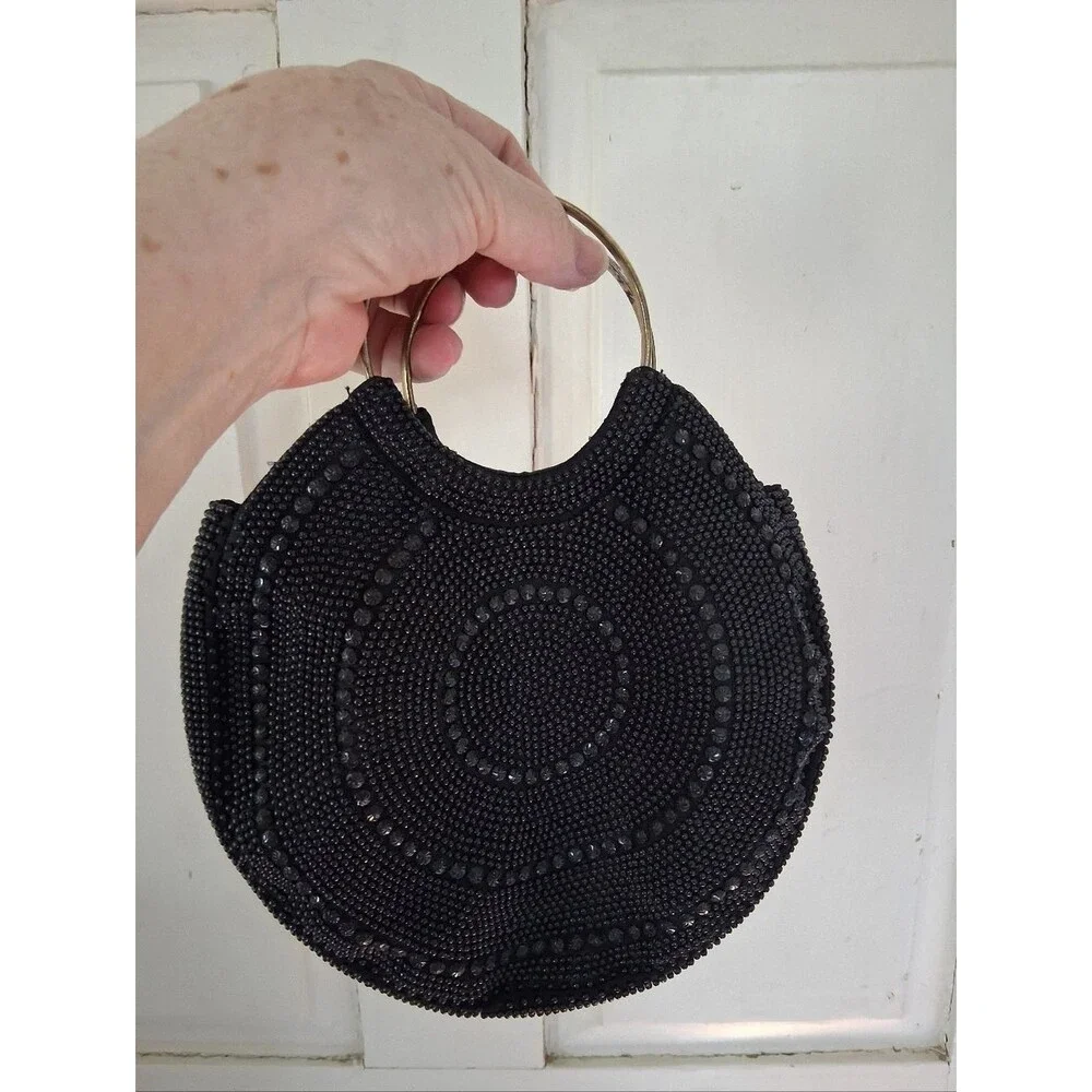 Blk Beaded Circle Evening Bag w/ Gold Tone Metal Ring Handles Vintage Hong Kong